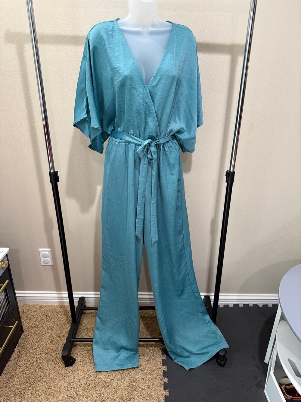 Satin Teal V-Neck Wide-Leg Jumpsuit with Tie Waist
